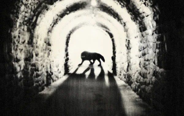 SCP-023 블랙 셕 - 임시 격리 구역에서 촬영된 거대한 검은 개 형태의 개체